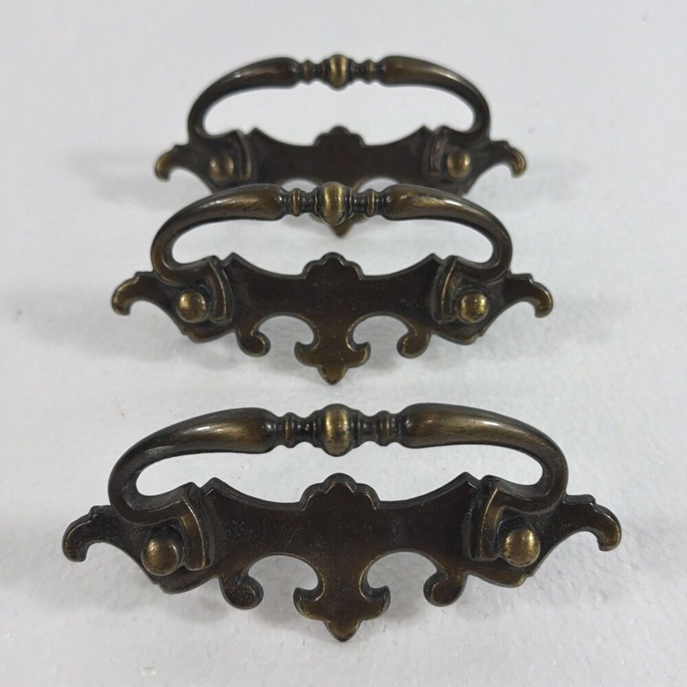Vintage Amerock Brass Batwing Chippendale Draw Pulls 3" Fixed Bail Lot of 3